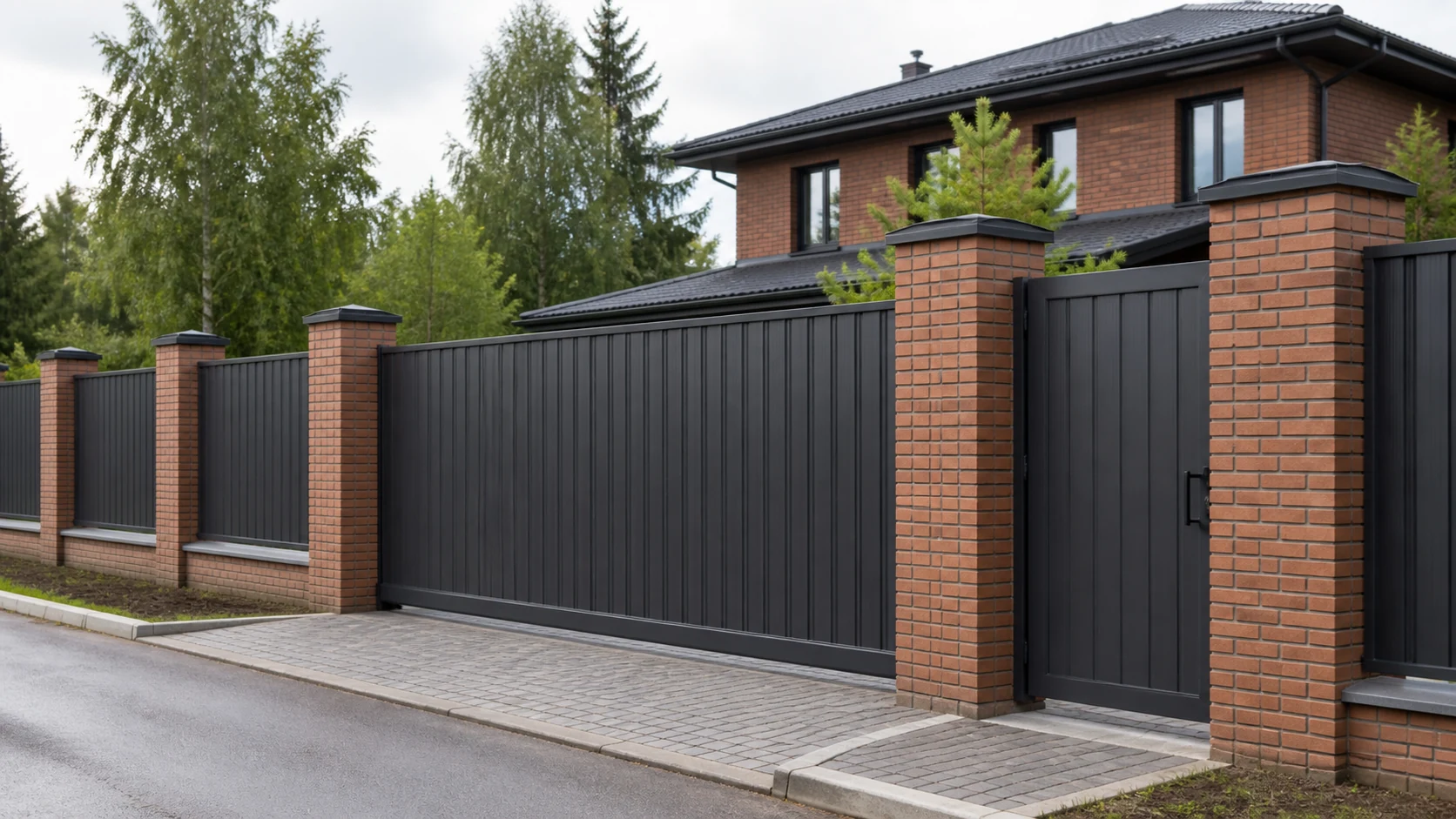 Забор с кирпичными столбами и металлическим заполнением